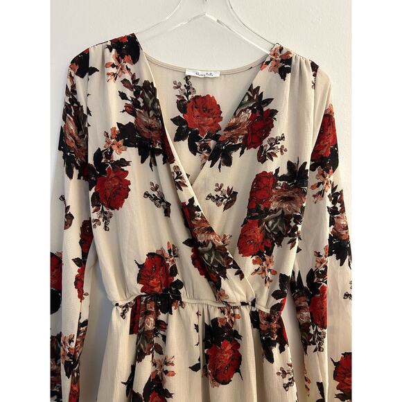 Honey Belle Tan Floral Long Sleeve Surplice Romper Size Small - Picture 6 of 7